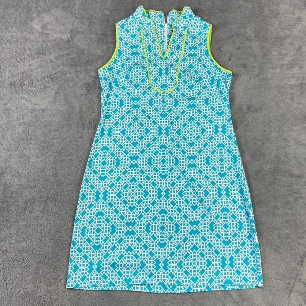Vince Camuto Dress Womens 8 Sleeveless Teal White Vneck Geometric Sheath Midi